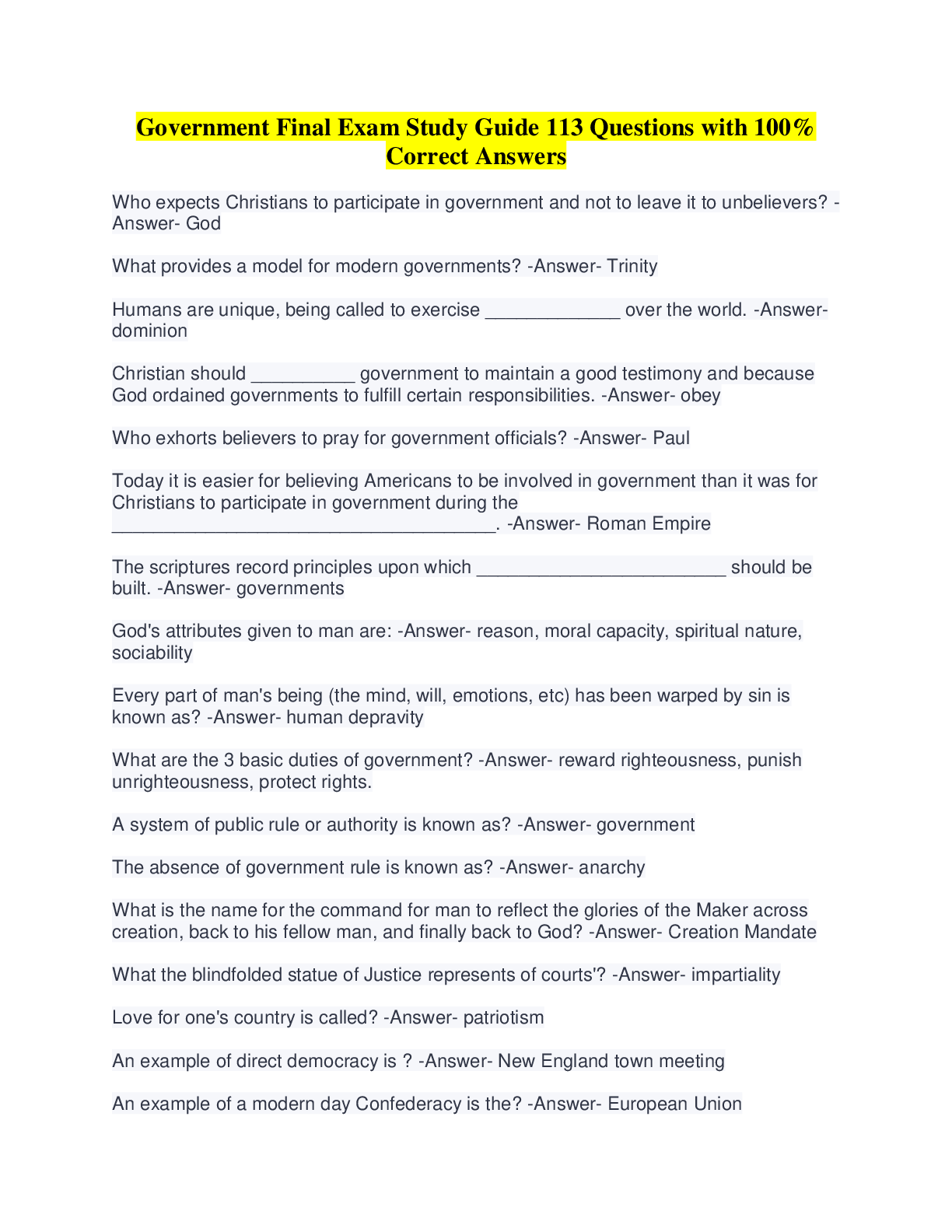 Preview of Government Final Exam Study Guide 113 Questions with 100% Correct Answers